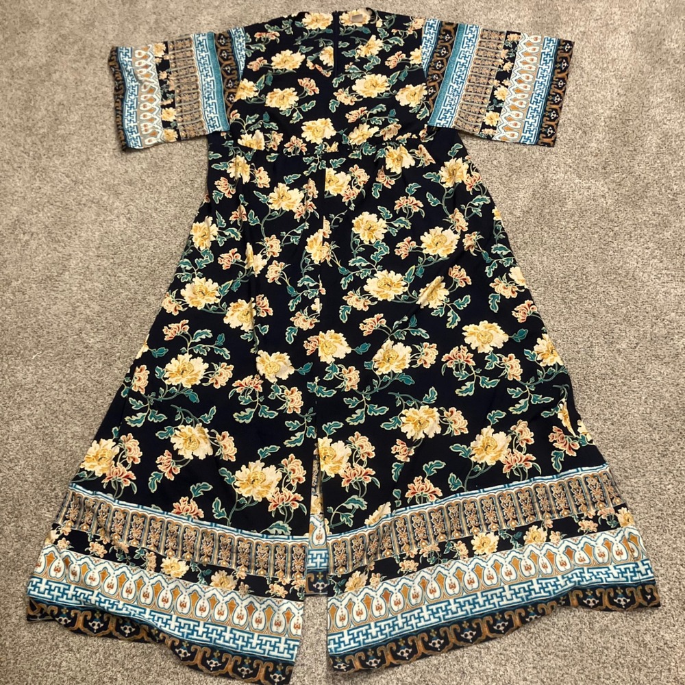 Chico's Floral Border Print Maxi Dress Navy Yellow Short Sleeve Size 3.5 US 18